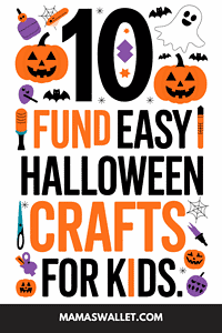 A Pinterest pin with the text '10 Fun and Easy Halloween Crafts for Kids,' featuring colorful illustrations of pumpkins, ghosts, bats, and craft tools, designed to inspire creative Halloween activities.