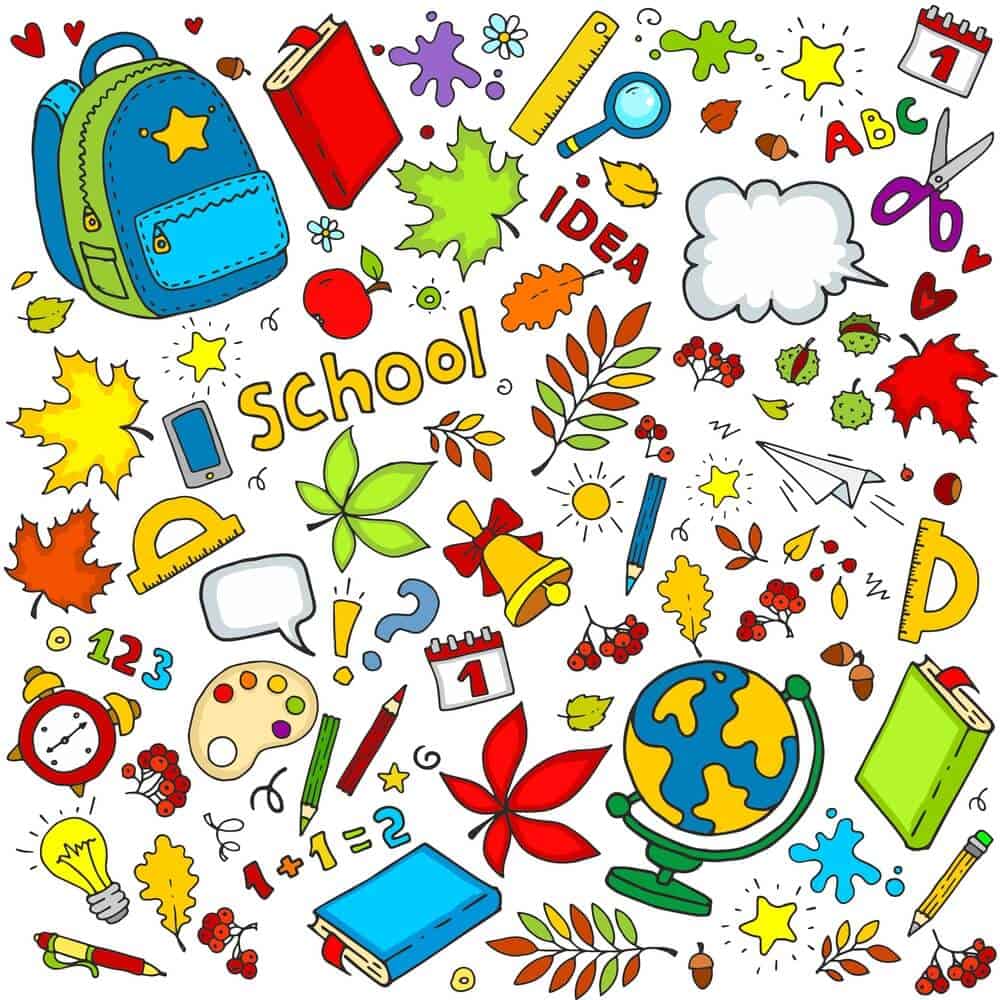 Vibrant illustration of school supplies, fall leaves, and a globe, perfect for Back-to-School Organization and School Year Preparation.