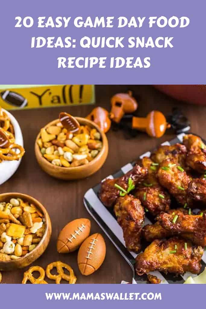 A delicious spread of easy game day food including chicken wings, mixed nuts, and pretzels, perfect for a sports watch party.