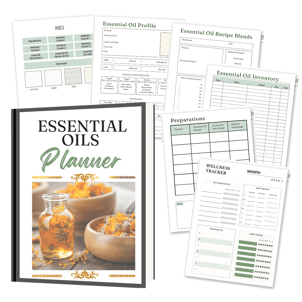 Display of Essential Oils Planner pages, including detailed templates for oil profiles, recipe blends, inventory, wellness tracker, and preparations, showcasing organized and user-friendly layouts for essential oil enthusiasts.