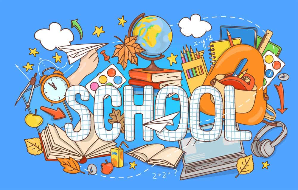 Whimsical illustration of school supplies, books, and a globe surrounding the word 'School', perfect for Back-to-School Planning and School Supply Organization