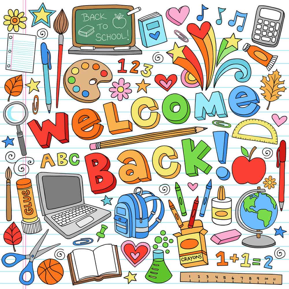 Colorful welcome back to school illustration featuring school supplies and Back-to-School Organization ideas for students and parents.