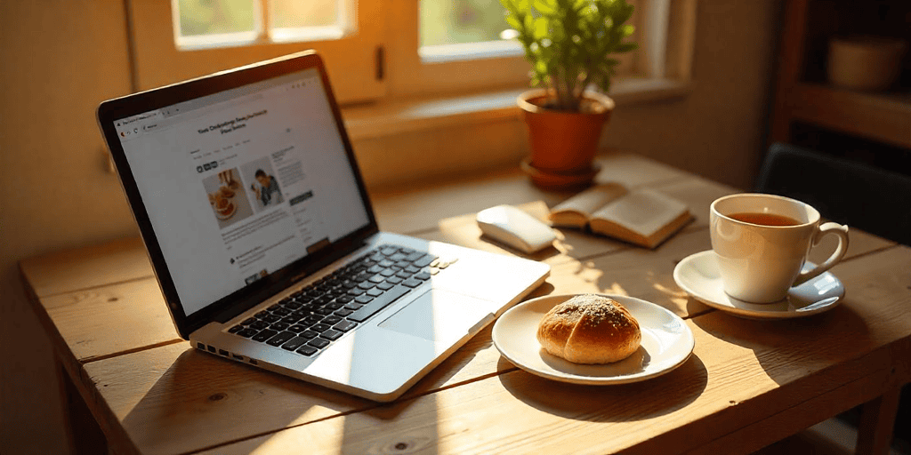 a laptop and a plate of food on a table