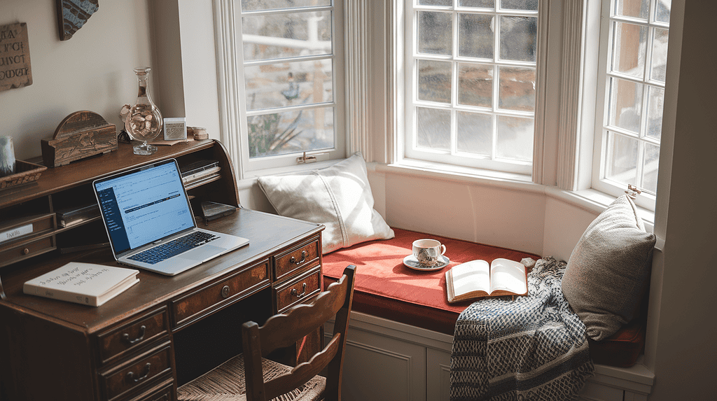 a desk with a laptop and a cup of coffee on it