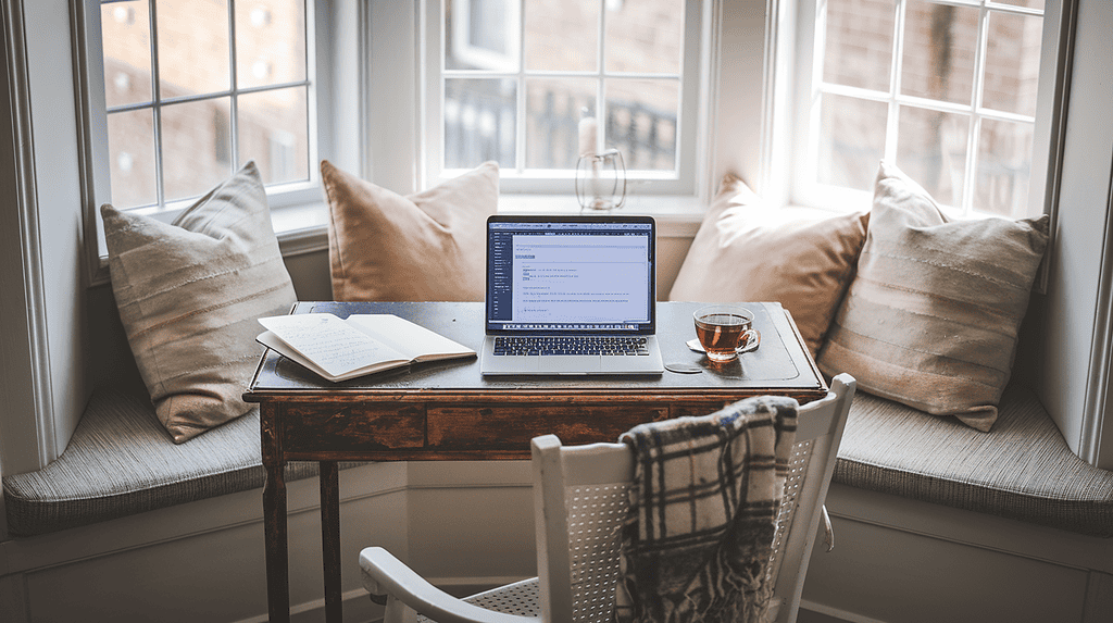 a laptop on a table with a cup of tea and a book