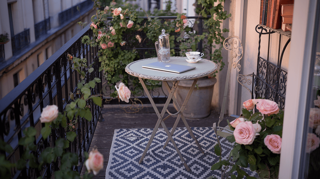 a table on a balcony with flowers