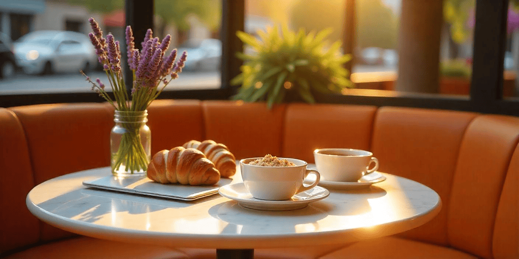 a table with a cup of coffee and croissants