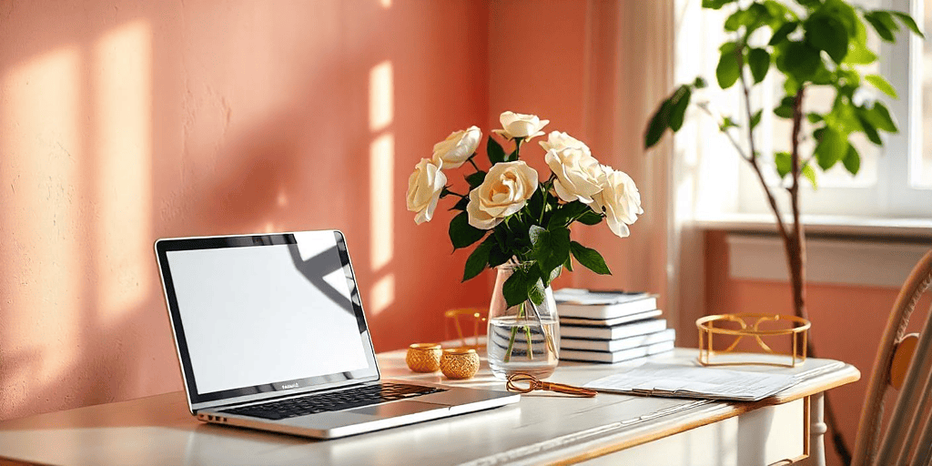 a laptop and flowers in a vase on a desk