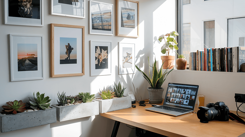 a laptop on a desk with plants in pots