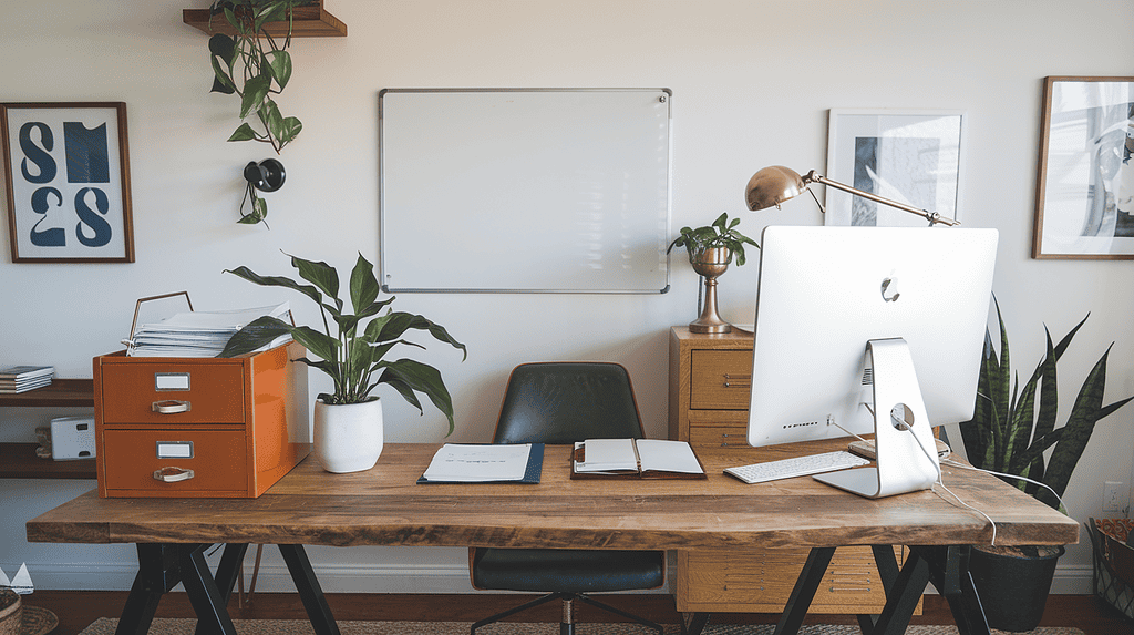 a desk with a computer and a whiteboard on the wall