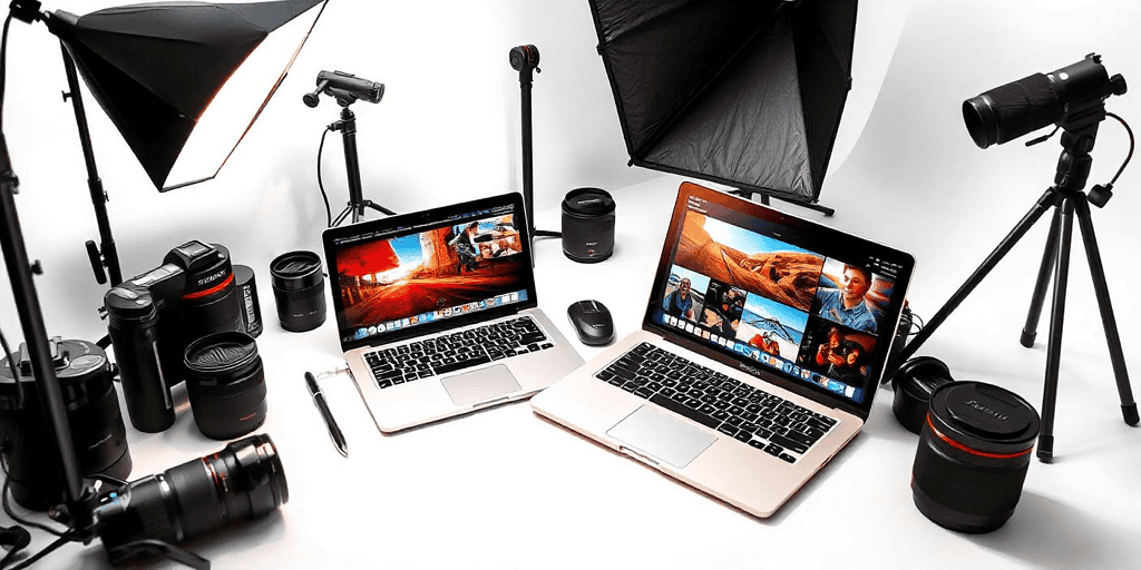 laptops on a table with a camera and a camera and a flash