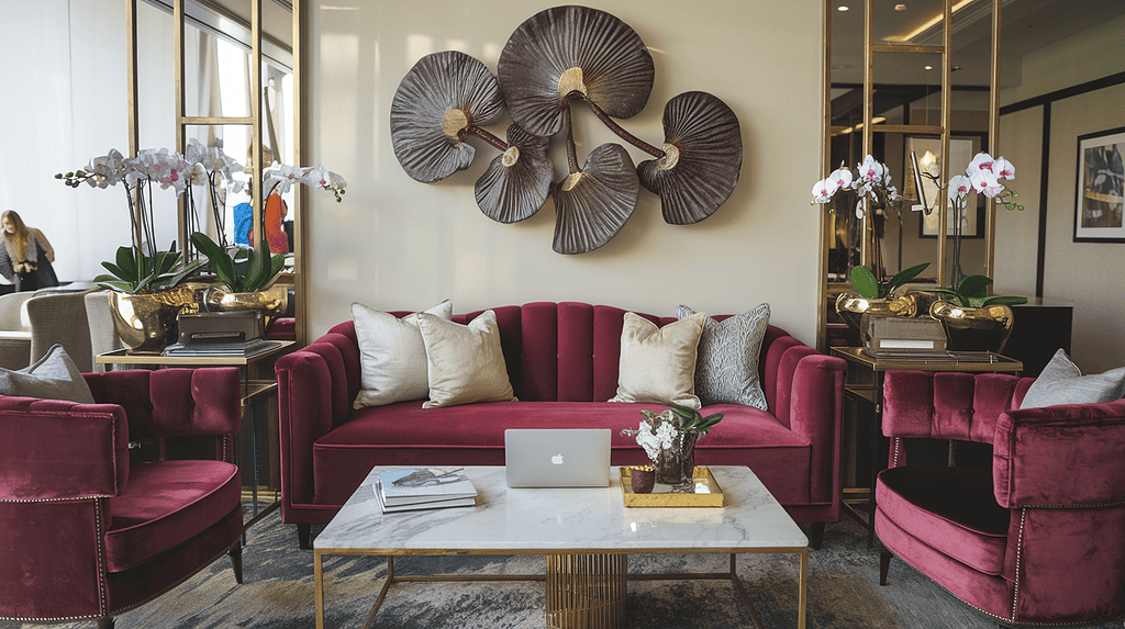 a room with a red couch and a laptop