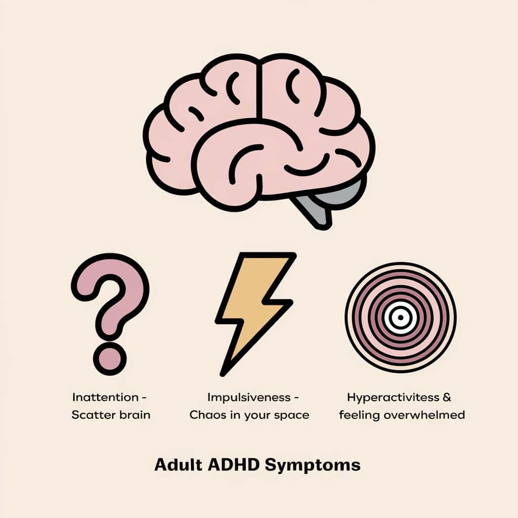 Illustration titled 'Adult ADHD Symptoms' featuring three key symptoms represented by icons: a brain with a question mark labeled 'Inattention - Scatter brain,' a lightning bolt labeled 'Impulsiveness - Chaos in your space,' and a circular pattern labeled 'Hyperactivity & feeling overwhelmed.' The design uses soft, pastel colors and simple icons to visually represent the challenges associated with Adult ADHD.