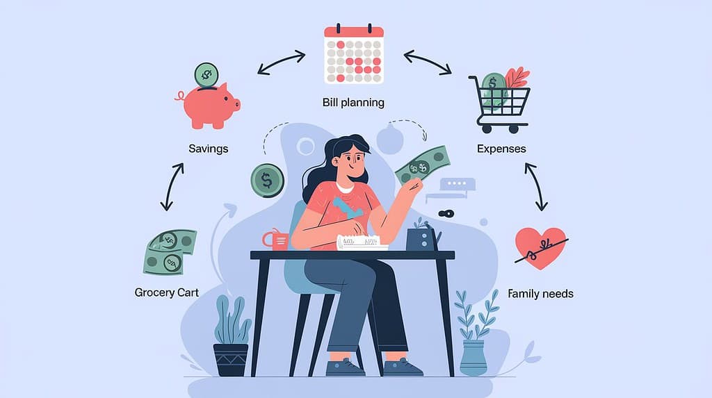 A family-themed visual showing a mother planning her budget at a table, surrounded by simple, easily recognizable icons representing different financial goals: a piggy bank (savings), a calendar (bill planning), a grocery cart (expenses), and a heart (family needs)