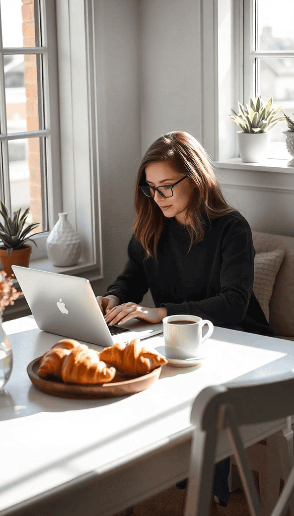 Bright breakfast nook with a white farmhouse table, a Caucasian woman in her 30s working on a laptop during quiet morning hours. Natural daylight flooding the room, casting soft shadows. Fresh croissants and a steaming cup of coffee on the table. Clean, minimalist style with light-colored walls and simple decor.