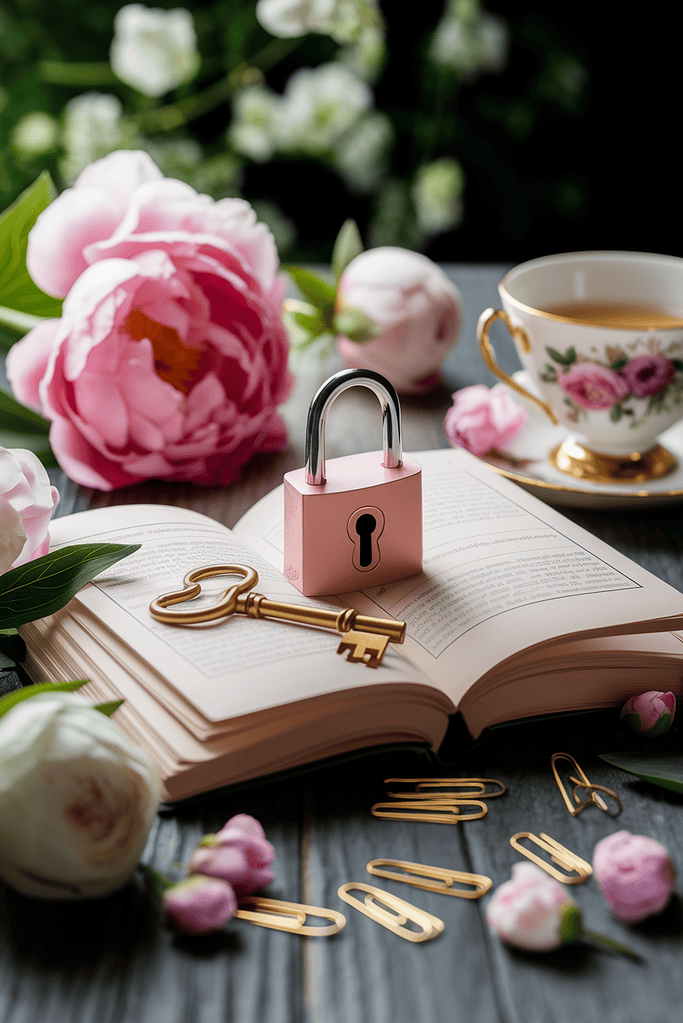 a padlock on a book with a key and a cup of tea