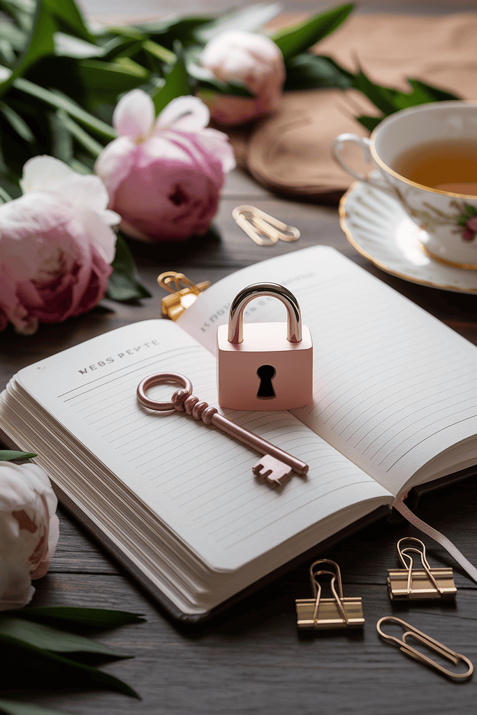 a padlock on a book with a key and a cup of tea