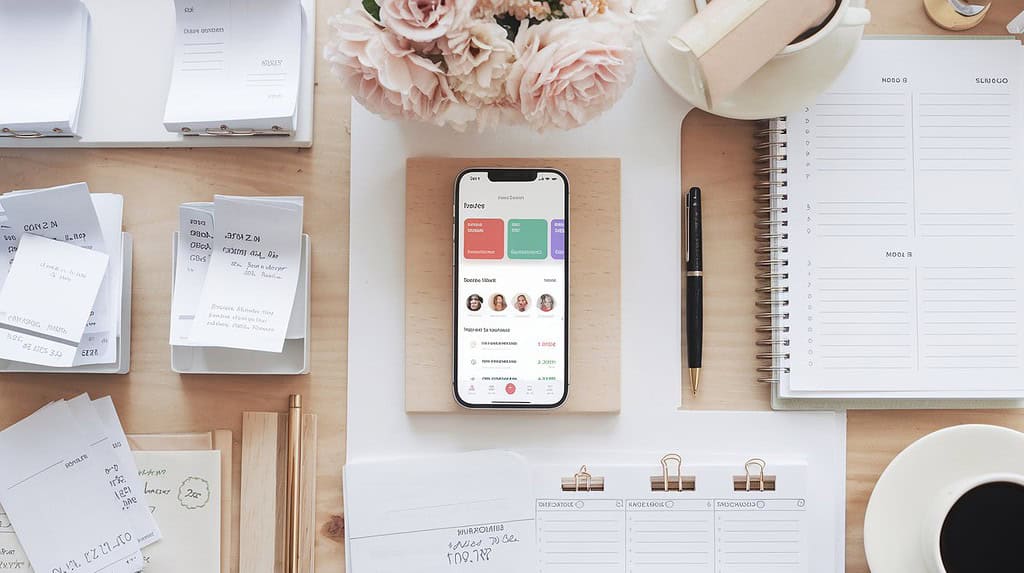 A realistic flat lay photograph of a smartphone displaying a budgeting app on its screen, placed on a wooden surface. Surrounding the smartphone are neatly organized receipts, a stylish planner, and a pen.