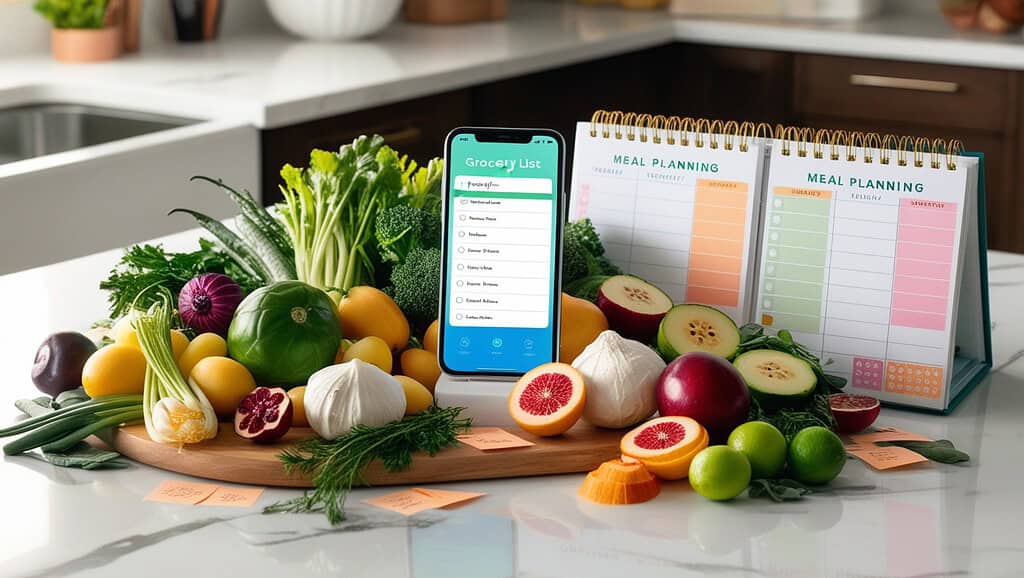 A vibrant, professionally lit photograph of a meticulously organized meal prep scene, with a sleek, modern smartphone displaying a clean and intuitive grocery list app on its screen, placed centrally amidst an array of fresh, seasonal ingredients, including crisp vegetables, succulent fruits, and lean proteins, arranged artfully on a sleek, marble countertop. surround the phone, a meal planning calendar lies open, filled with neat, handwritten notes and cleverly color-coded stickers, adding a pop of warm, pastel hues to the composition. 