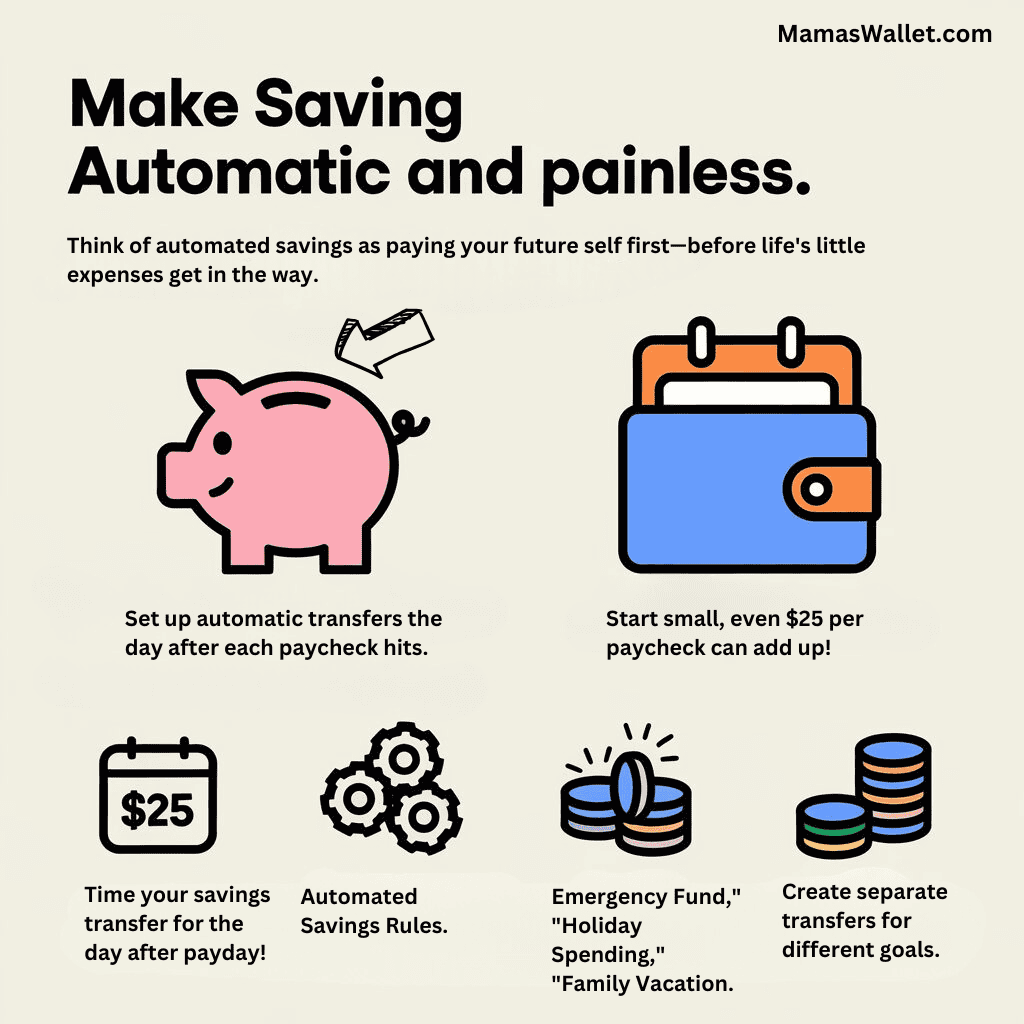 Infographic titled 'Make Saving Automatic and Painless.' Key points illustrated include: 1) Set up automatic transfers the day after each paycheck hits, represented by a pink piggy bank. 2) Start small, even $25 per paycheck can add up, shown with an icon of a wallet. 3) Time your savings transfer for the day after payday, displayed with a calendar and dollar sign. 4) Automated Savings Rules, depicted with gears icon. 5) Emergency Fund, Holiday Spending, and Family Vacation goals, shown as a stack of coins with different labels. 6) Create separate transfers for different goals, represented by colored stacks of coins. Infographic is branded with MamasWallet.com in the top right corner.