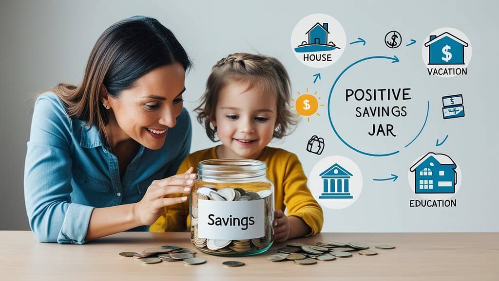 Vision board style image with a mom and child looking at a savings jar, surrounded by positive financial goal visualizations like house, vacation, and education icons. 