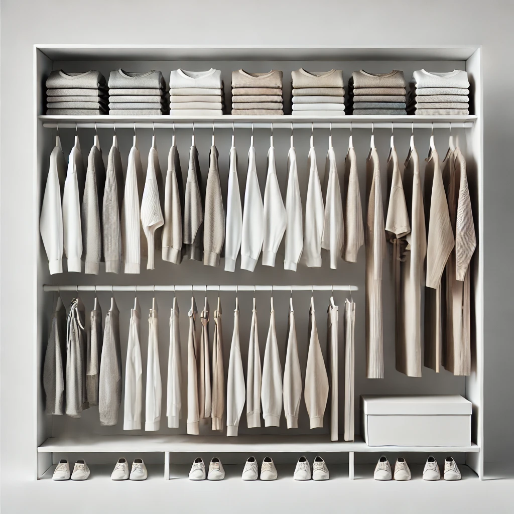 A clean and simple image of a streamlined capsule wardrobe featuring a small selection of versatile, neutral-colored clothing items. The wardrobe includes neatly hung tops, bottoms, and outerwear, all organized in a minimalist style. The overall look is tidy and visually appealing, emphasizing the ease and simplicity of maintaining a capsule wardrobe.