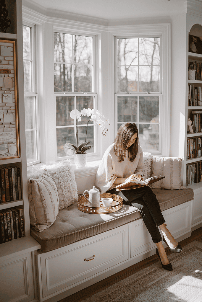 A photo of a cozy window seat with plush cushions in a room with a bay window streaming natural light. There is a mom journaling in a leather-bound notebook on the seat. The window seat has built-in bookshelves. There is a white orchid on the windowsill. There is a gold accent tray with a tea setup on the window seat. There is an inspiring reading nook vibe. There is an organized vision board visible on the wall.