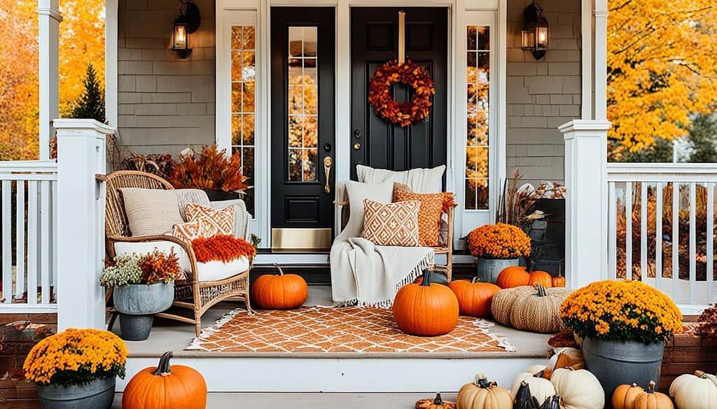 cozy fall decor on a small porch