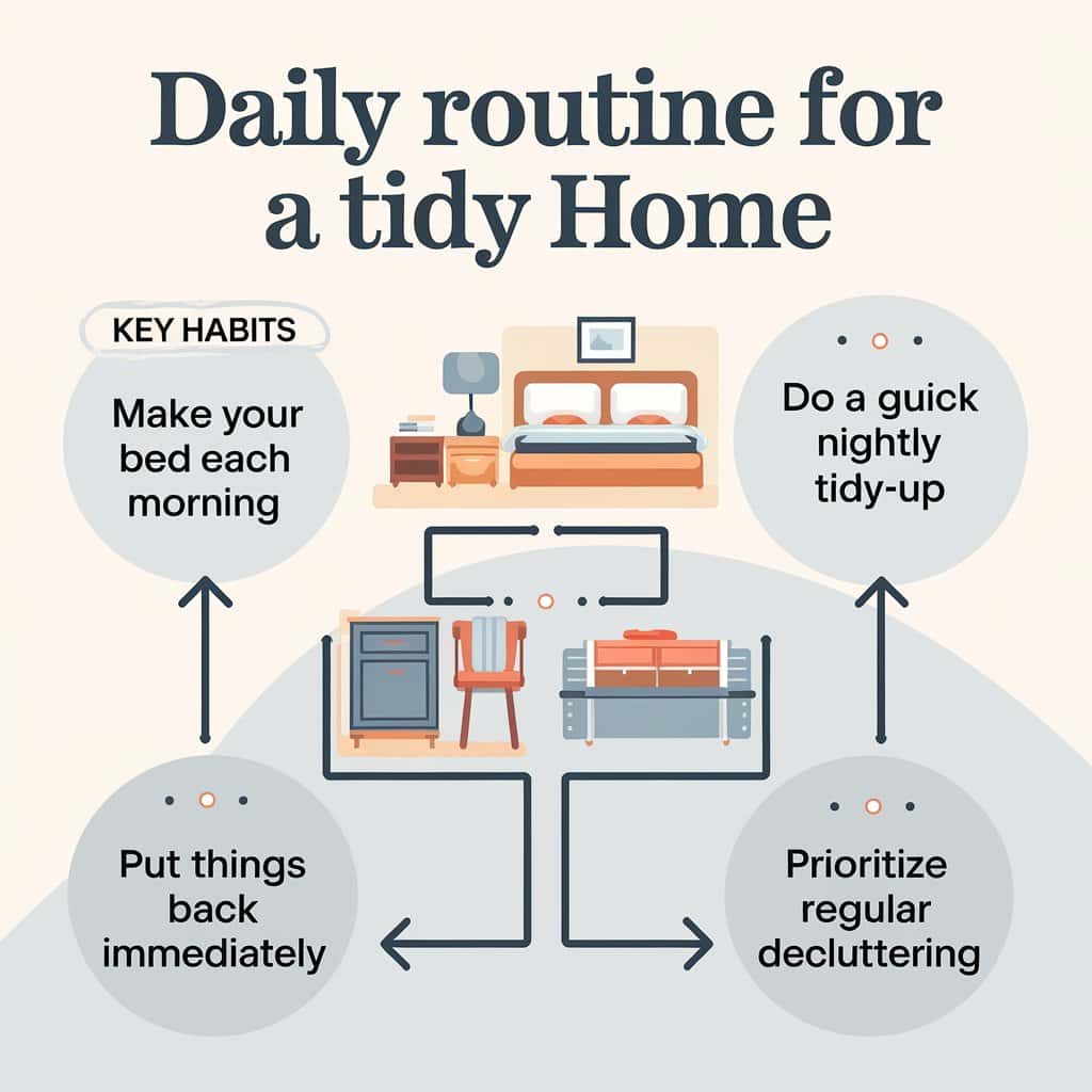 Infographic titled 'Daily Routine for a Tidy Home,' highlighting key habits for maintaining a clean and organized living space. The infographic includes four key habits: 'Make your bed each morning,' 'Do a quick nightly tidy-up,' 'Put things back immediately,' and 'Prioritize regular decluttering.' The habits are connected by arrows, creating a flow that represents a daily routine. The design features simple, clean icons of a bed, furniture, and storage areas, with a soft, neutral color palette.