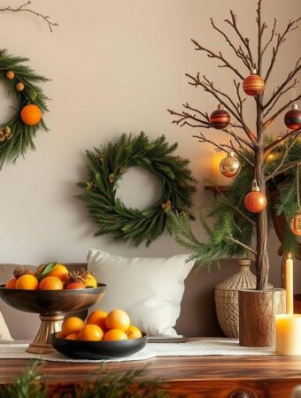 a table with fruit and candles on it