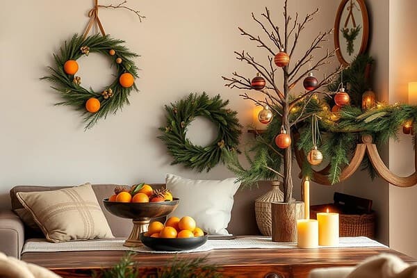 a table with fruit and candles on it