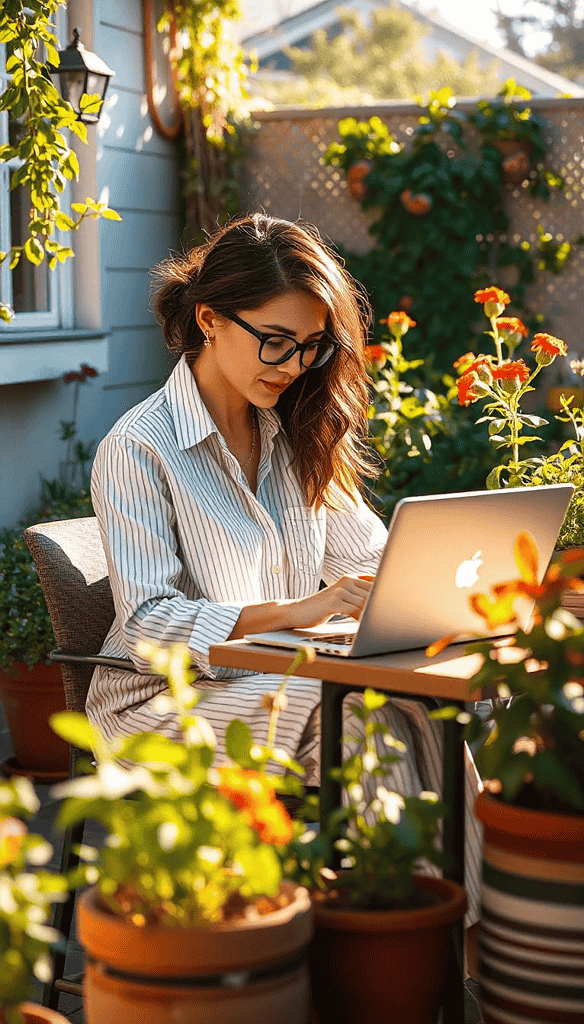 Garden terrace setting, comfortable outdoor living space. BRIGHT morning light, mom working amongst potted herbs and flowers. Professional yet relaxed outdoor office setup. Fresh, inspiring composition.