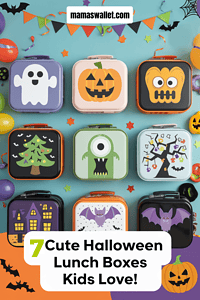 A vibrant arrangement of Halloween lunch boxes showcasing different fun designs, including a ghost, pumpkin, monster, and a haunted house. The text overlay reads "7 Cute Halloween Lunch Boxes Kids Love!" set against a playful background with festive decorations.