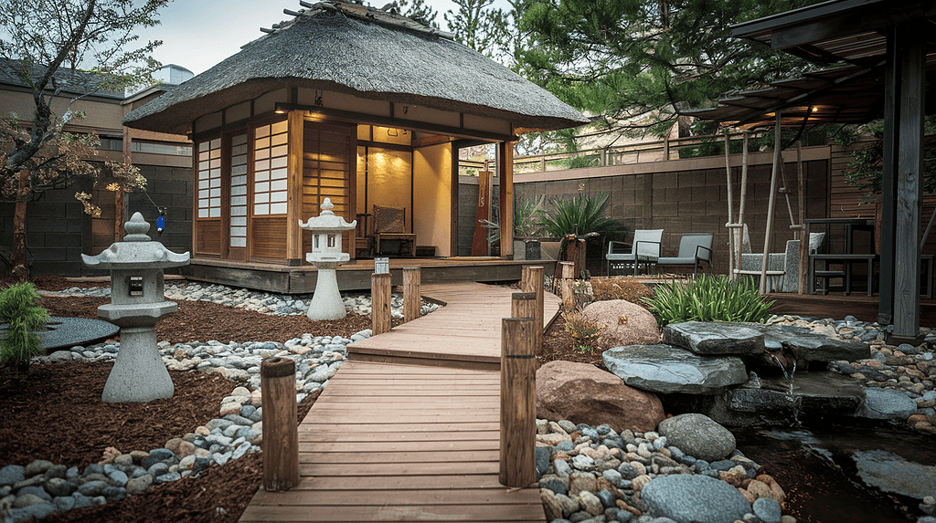 a wooden walkway leading to a building, japanese style teahouse garden