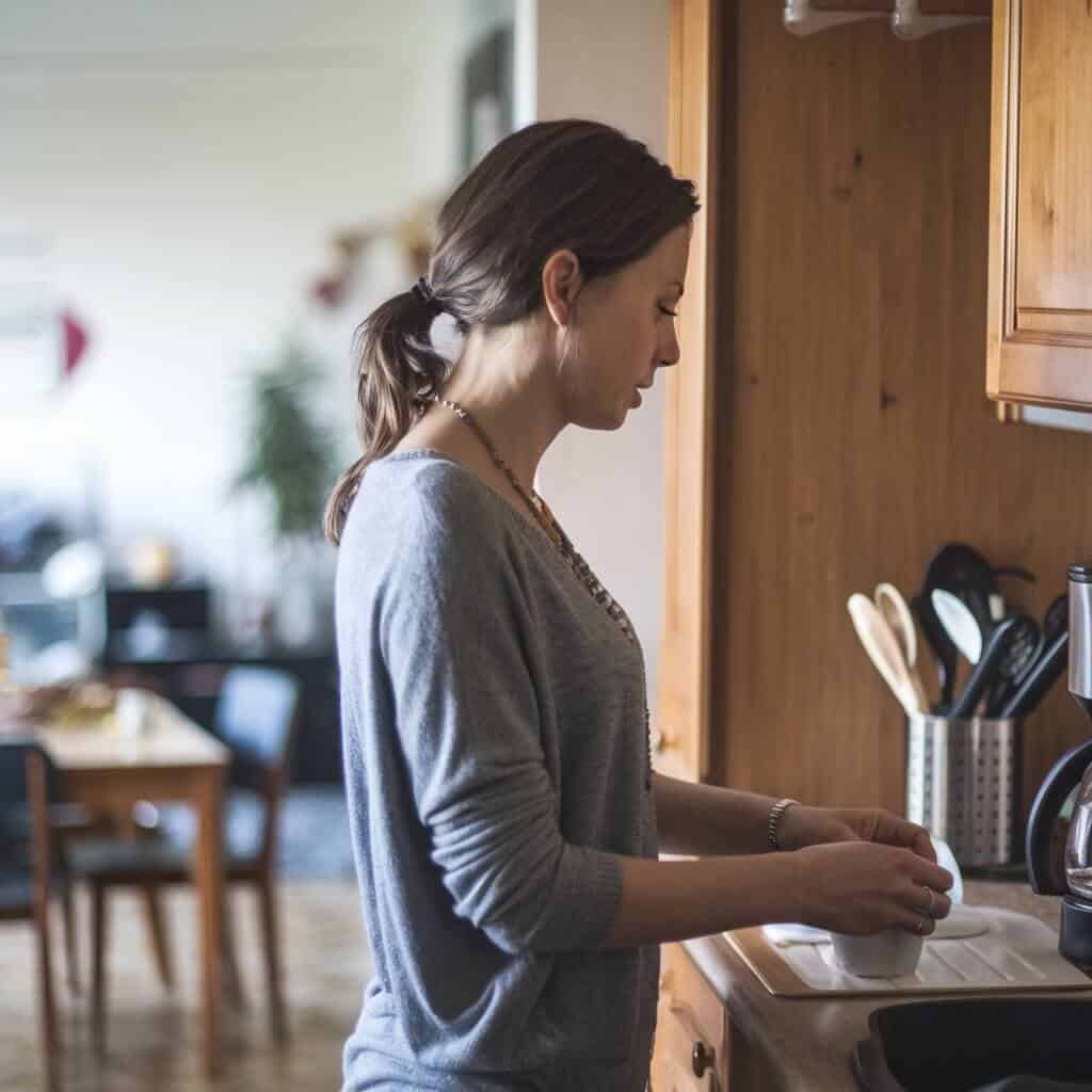 a woman standing in a kitchen getting a cup of coffee.