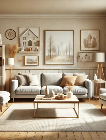 A realistic photo of a clean and well-organized living room. The space features comfortable furniture, a tidy coffee table, and simple yet stylish decor. The room has warm, neutral tones and a clutter-free, inviting atmosphere, emphasizing the benefits of maintaining a clean and organized living area.