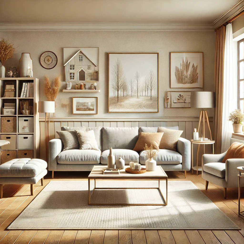 A realistic photo of a clean and well-organized living room. The space features comfortable furniture, a tidy coffee table, and simple yet stylish decor. The room has warm, neutral tones and a clutter-free, inviting atmosphere, emphasizing the benefits of maintaining a clean and organized living area.