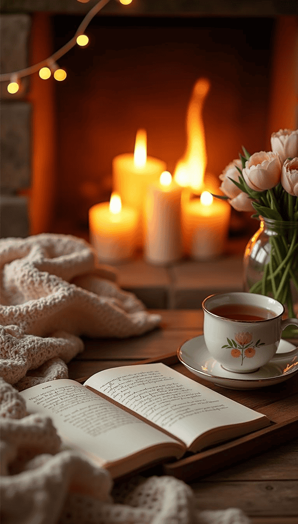 a cup of tea and a book with flowers in a vase and candles