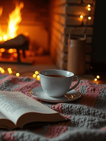 a book and a cup of tea and candles on a table