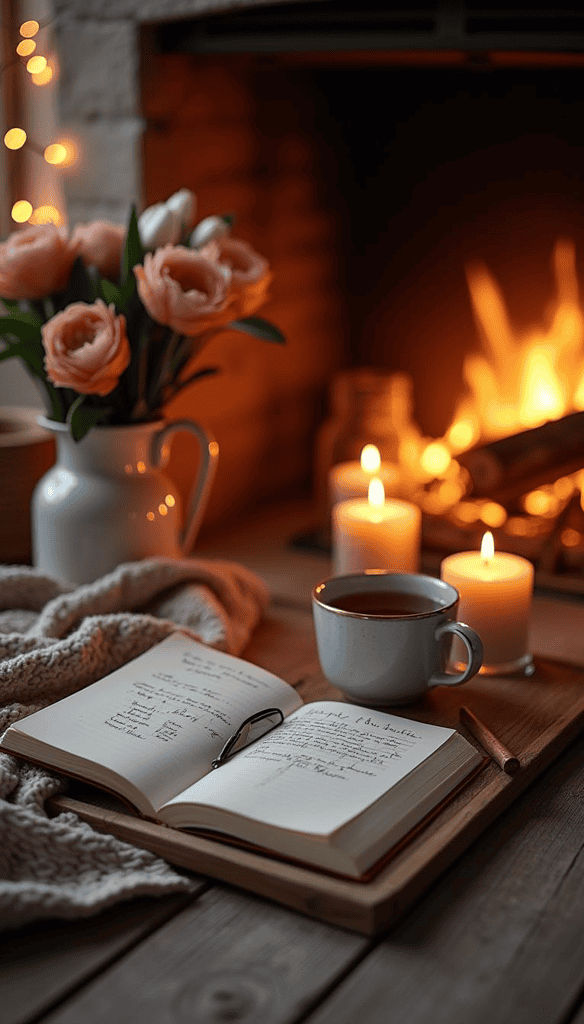 a book and a cup of tea and candles on a table