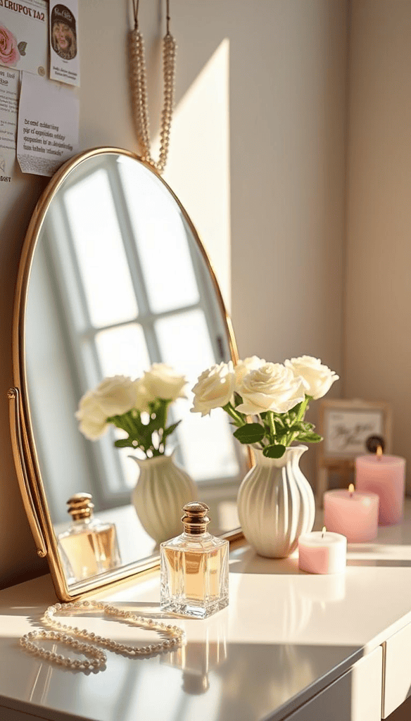 a mirror with flowers and candles on a table