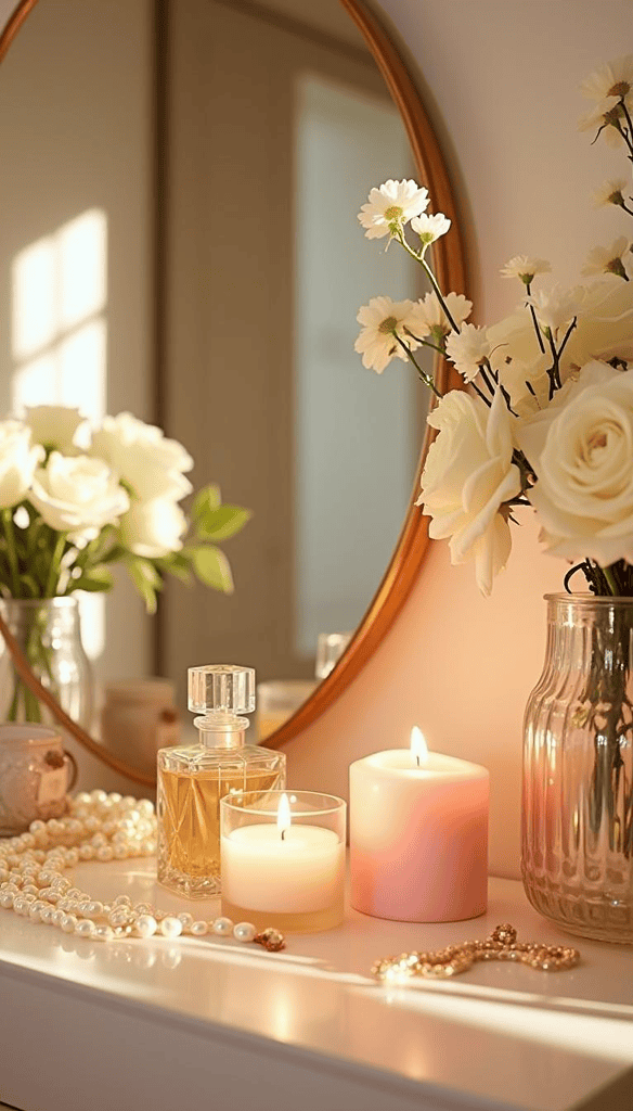 a vase of flowers and candles on a table