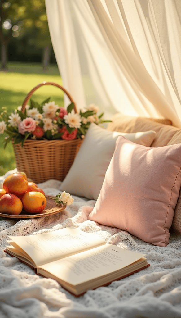 a basket of fruit and a book on a blanket