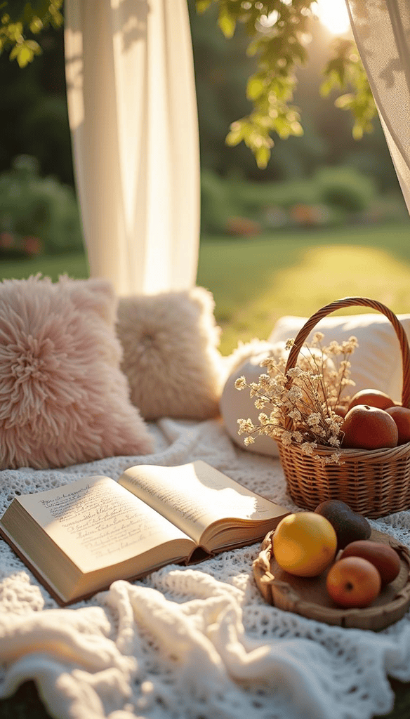 a basket of fruit and a book on a blanket